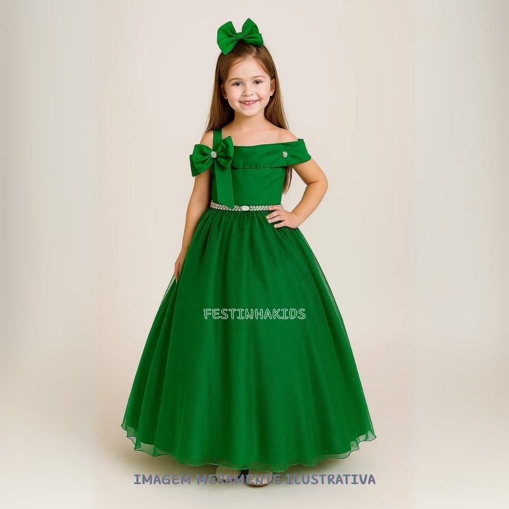 Vestido Infantil Banana Club Longo Doce Elegância Verde Bandeira Festa Daminha Formatura Natal