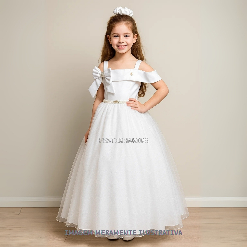 Vestido Infantil Longo Branco Doce Elegância Festa Batizado Comunhão Daminha Formatura