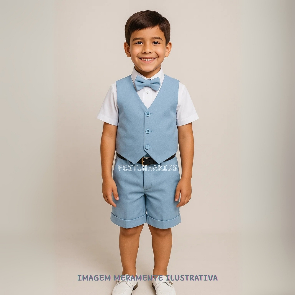 Conjunto Infantil Social Miss Cherry Leandro Colete Azul Bebe Batizado Festa Pajem Formatura
