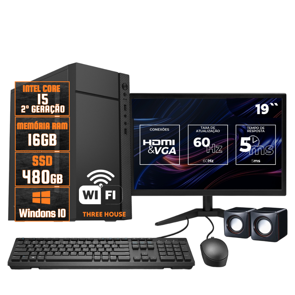 Computador Completo Intel Core I5,16Gb de Ram, Ssd 480gb, Monitor 19", Teclado, Mouse, Caixa de Som, Wi-Fi