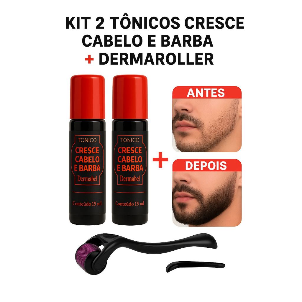 Kit Dermaroller+2Tônicos Ativador de Crescimento Capilar Preenche e Fortalece Barba Dermabel