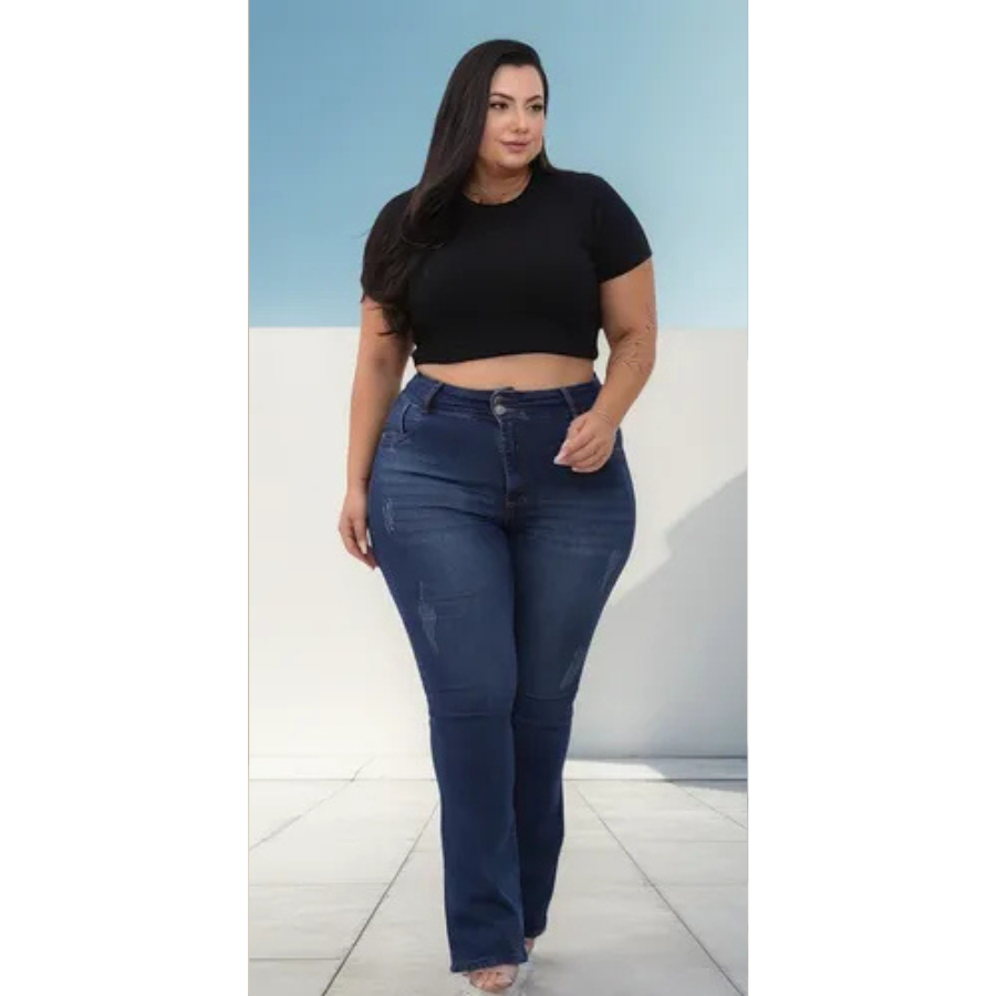 Calça Jeans Feminina Cintura Alta Plus Size Flare Elastano em Oferta na Shopee