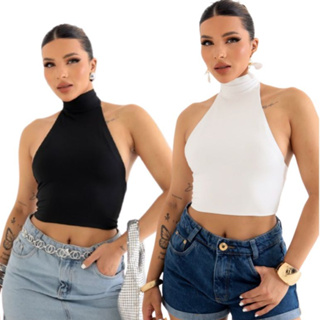 KIT 2 Blusa Feminina Cropped Costa Nua Frente Única Gola Alta Amarração Suplex em Oferta na Shopee