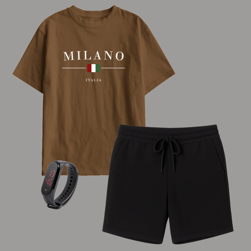 Kit Conjunto Menino Camisa e Bermuda Juvenil Milano Itália com Brinde Relógio Digital