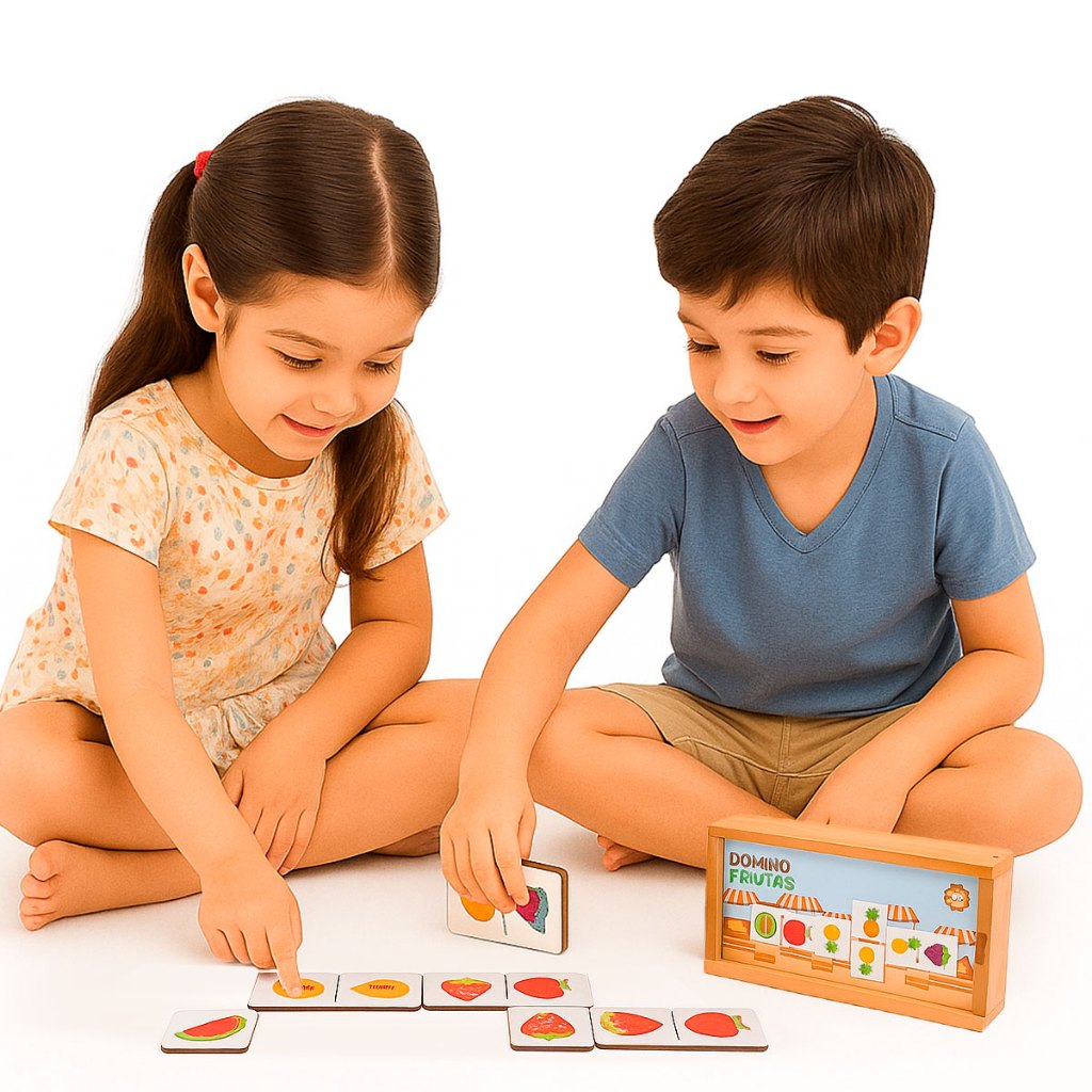 Jogo Educativo  Dominó De Madeira Infantil Brincadeira Alfabeto Frutas Fazendinha 28 Peças Brinquedo