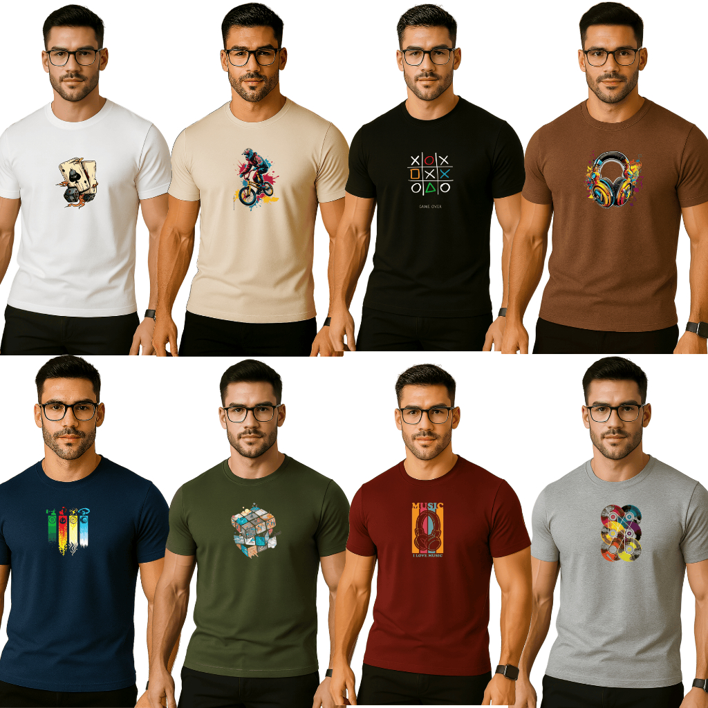 Kit 7 Camisetas Blusas T-Shirt 100% Algodão Estampada DTF Adulto Jovem Alegre Masculina Feminina