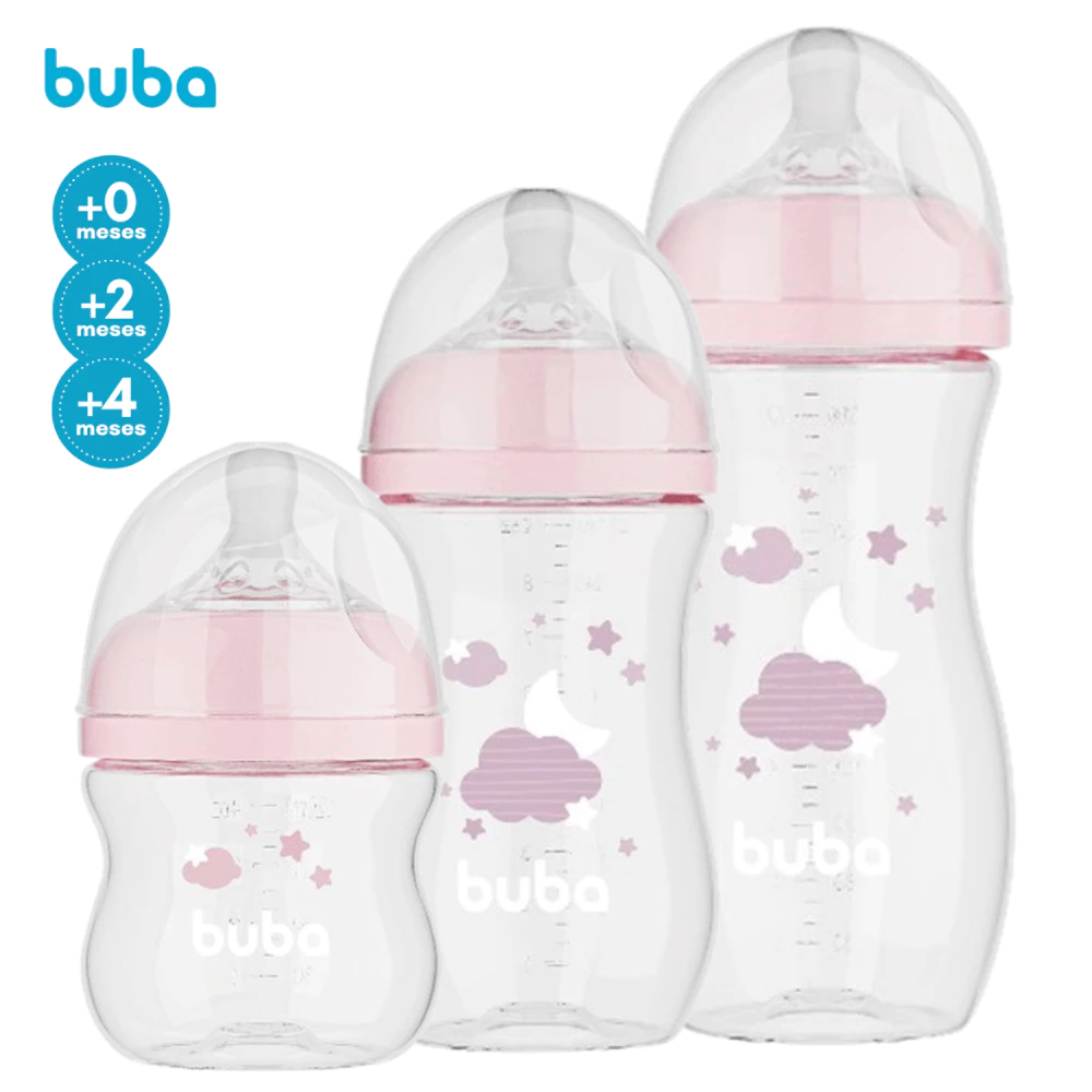 Kit 3 Mamadeiras Buba Menina Easy Flow Nuvem Rosa com Válvula de Respiro Bico Silicone Macio 120/270/330 mL