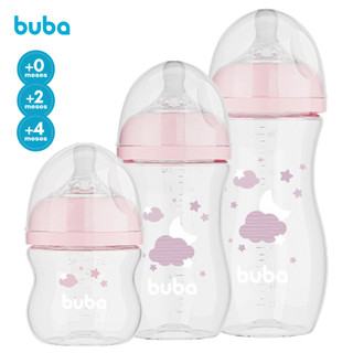 Kit 3 Mamadeiras Buba Menina Easy Flow Nuvem Rosa com Válvula de Respiro Bico Silicone Macio 120/270/330 mL