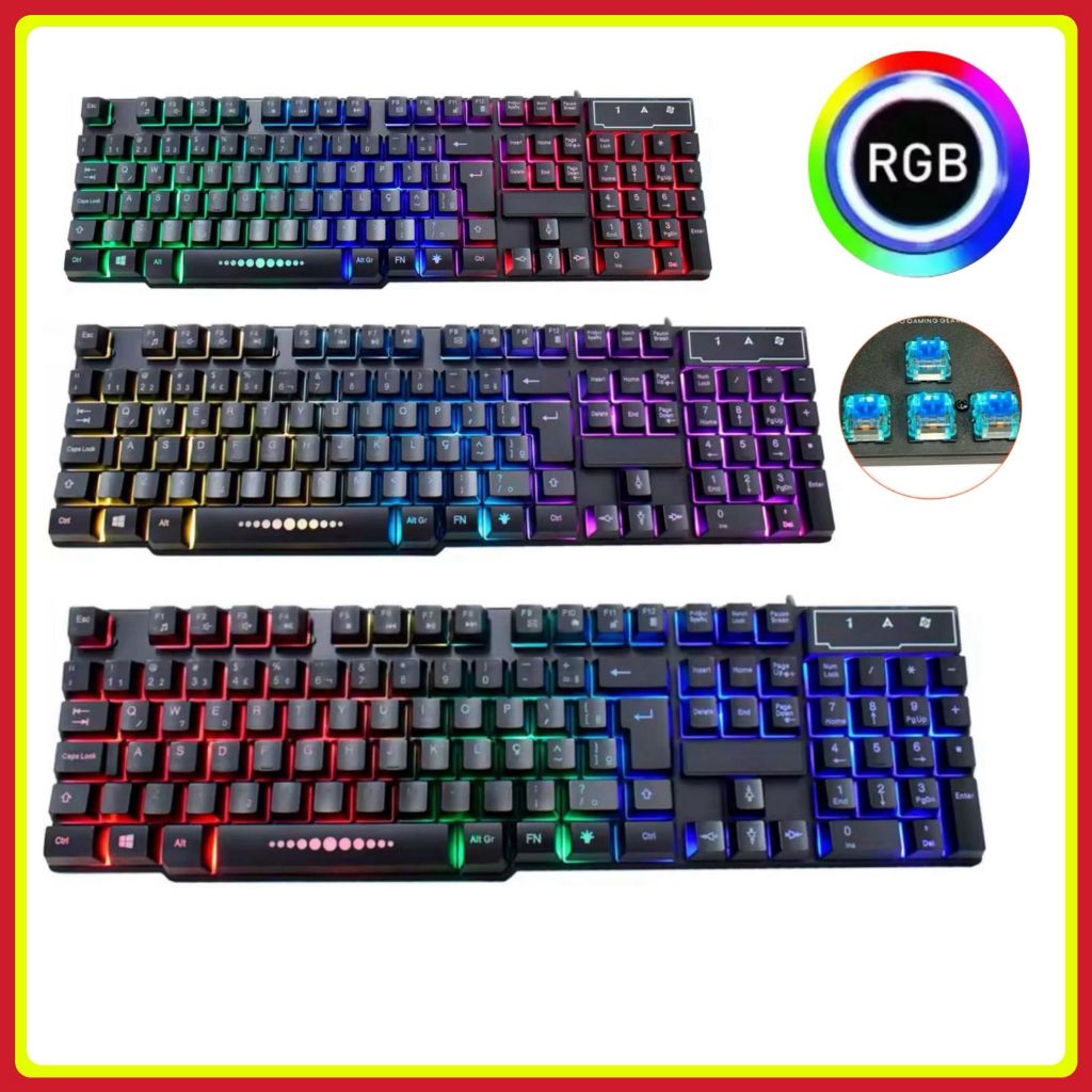 Teclado Gamer com Fio USB Semi Mecânico Preto Led RGB Abnt2 Qwerty Português Rainbow Ergonômico