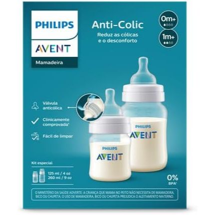 Kit 2un Mamadeira Philips Avent Anti-colic 125ml + 260ml, Transparente, SCY119/05