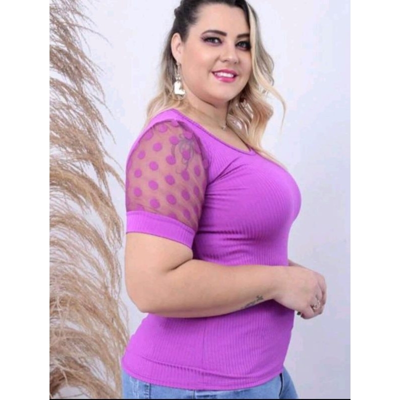 Promoção blusa canelada com manga de tule transparente e detalhe em bolas