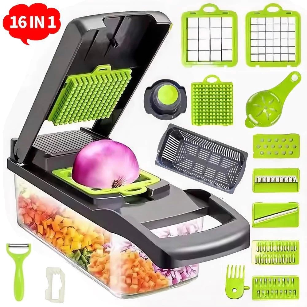 16 em 1 Cortador Multifuncional – Fatiador de Verduras, Frutas e Legumes | Prático e Eficiente para Cozinha