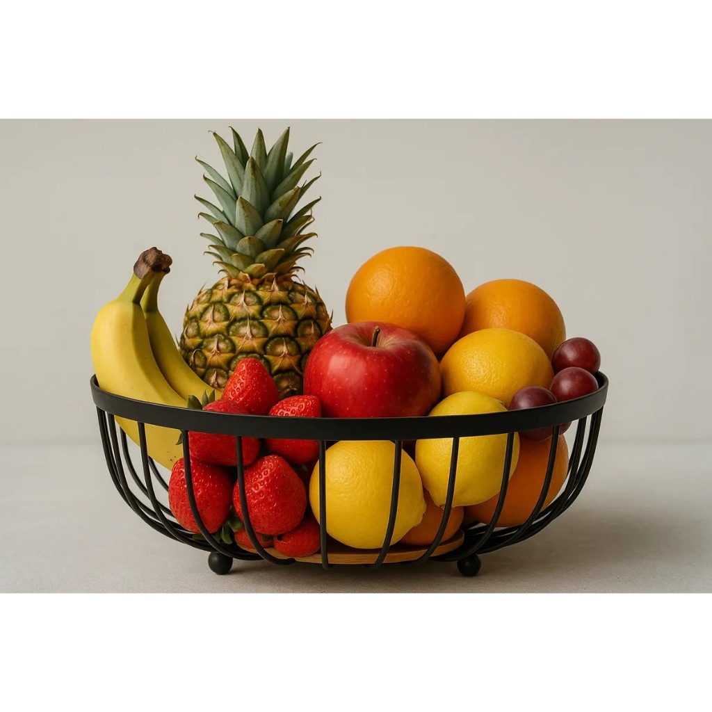 Fruteira de Mesa Rustica de Ferro e Bambu para Café da Manhã Multiuso de Metal Preto