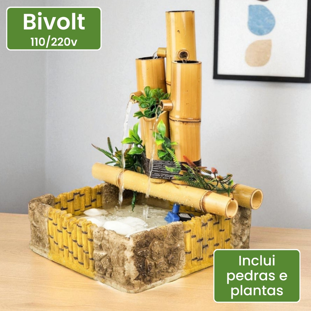 Imagem Fonte De Agua Decorativa Chafariz Cascata 4 Quedas Bica Bambu Zen 35cm