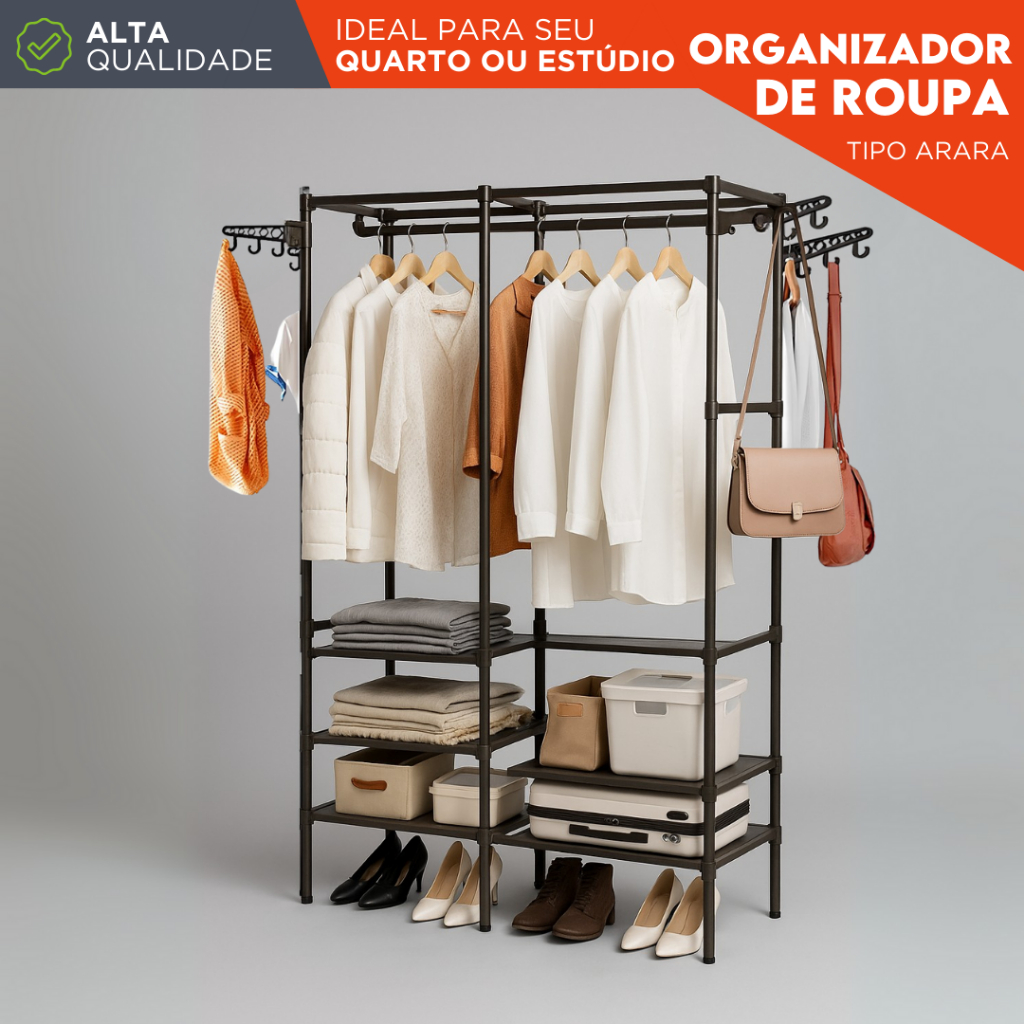 Guarda Roupa Arara Portátil Organizador de Roupas C/ Prateleiras e Divisórias Estrutura Reforçada AE