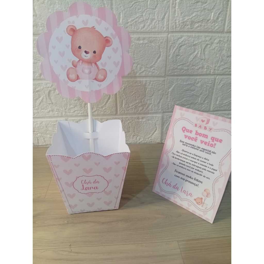 Kit Centro de mesa Chá de Bebê Ursinha rosa | Personalizado | Enfeite Cachepô | Decoração
