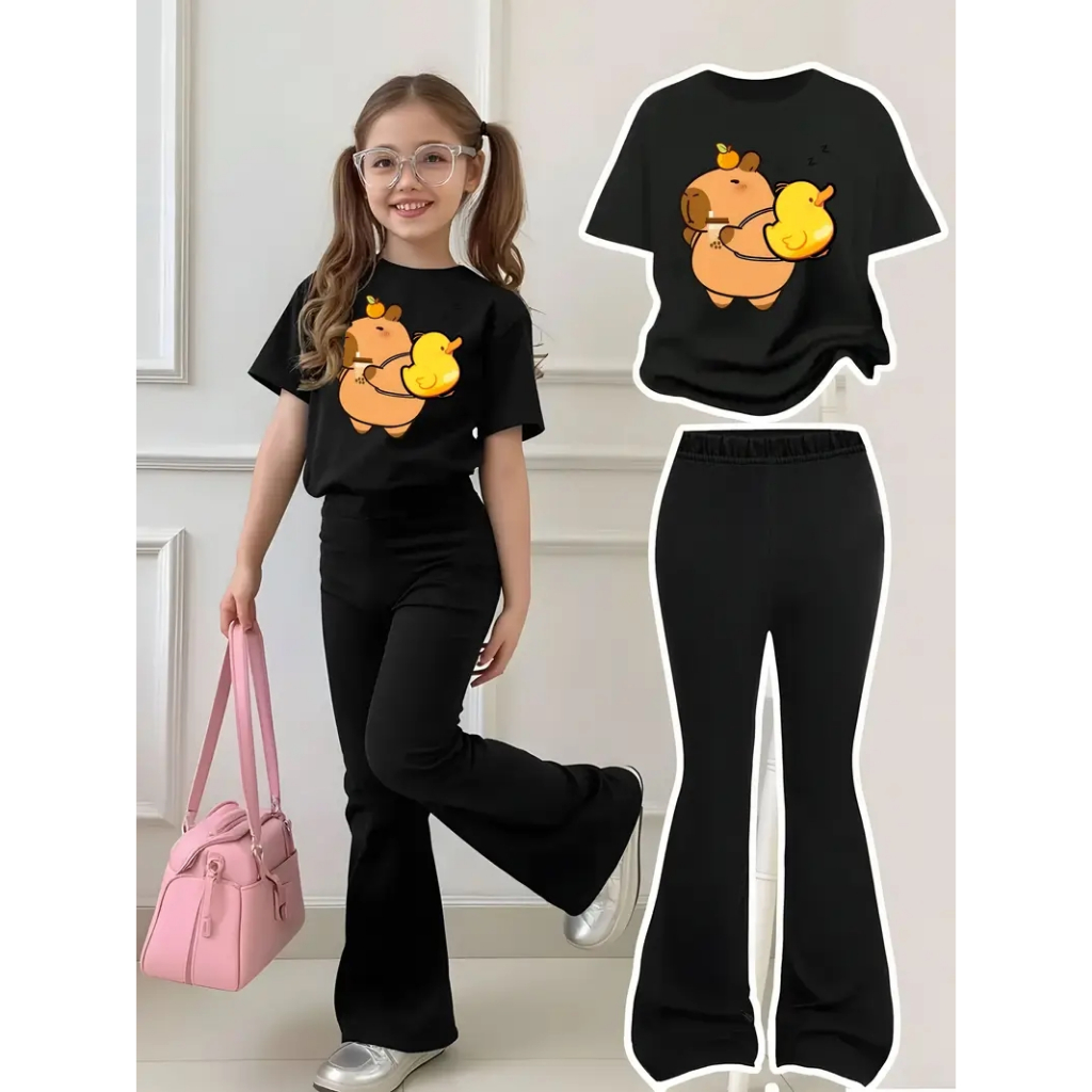 Conjunto Infantil Calça flare+Camiseta Casual e Cofortavél Capybara com Mochila de Patinho