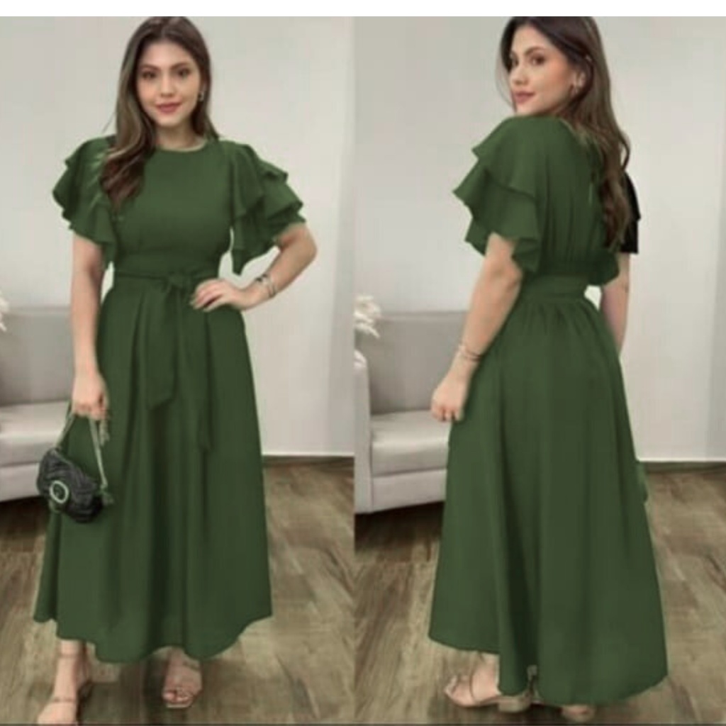 Vestido Feminino Midi Elegante Con forro y Manga Babado em Oferta na Shopee