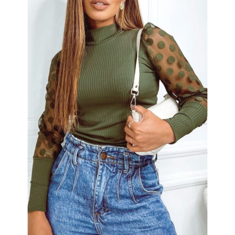 Blusa manga tule elegante blusa canelada casual versatil TAM M a GG blusa plus size elegante blusa plus size escritório
