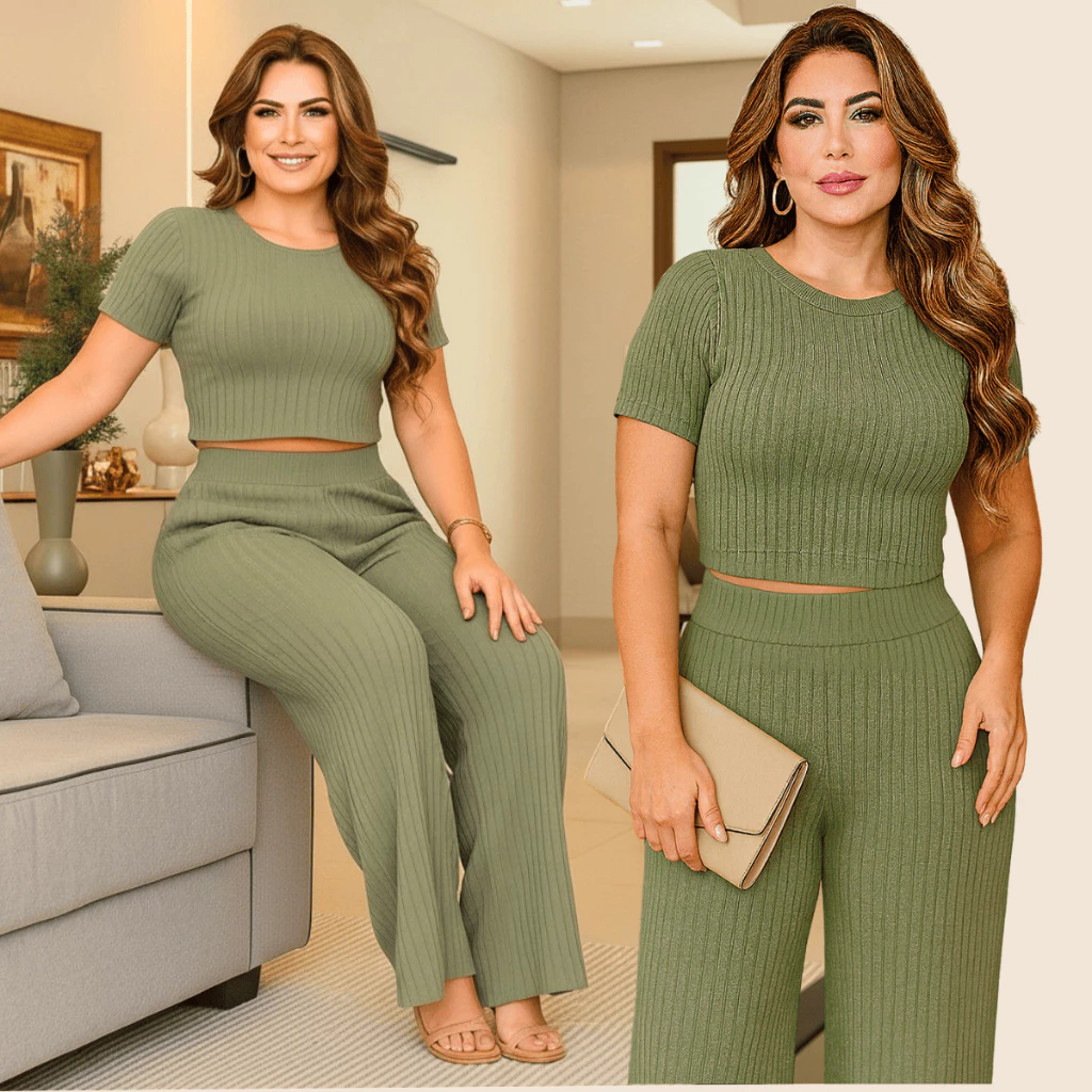 Conjunto Feminino Calça Pantalona e Cropped Manga Curta - Malha Canelada Premium Toque de algodão — imagem 1