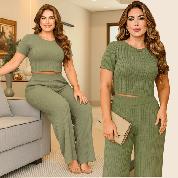 Conjunto Feminino Calça Pantalona e Cropped Manga Curta - Malha Canelada Premium Toque de algodão