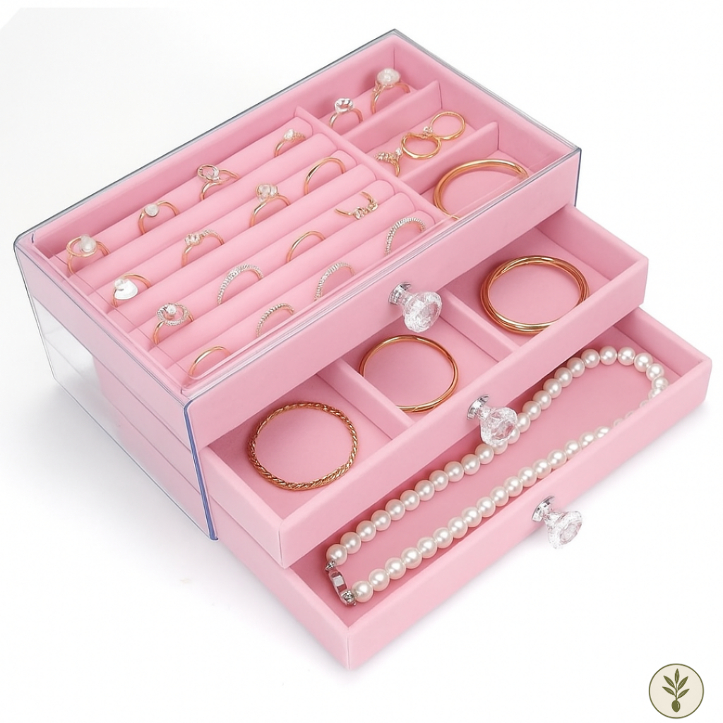 Porta Joia Acrílico Luxo 3 Camadas Brinco Anel Compartimento Rosa