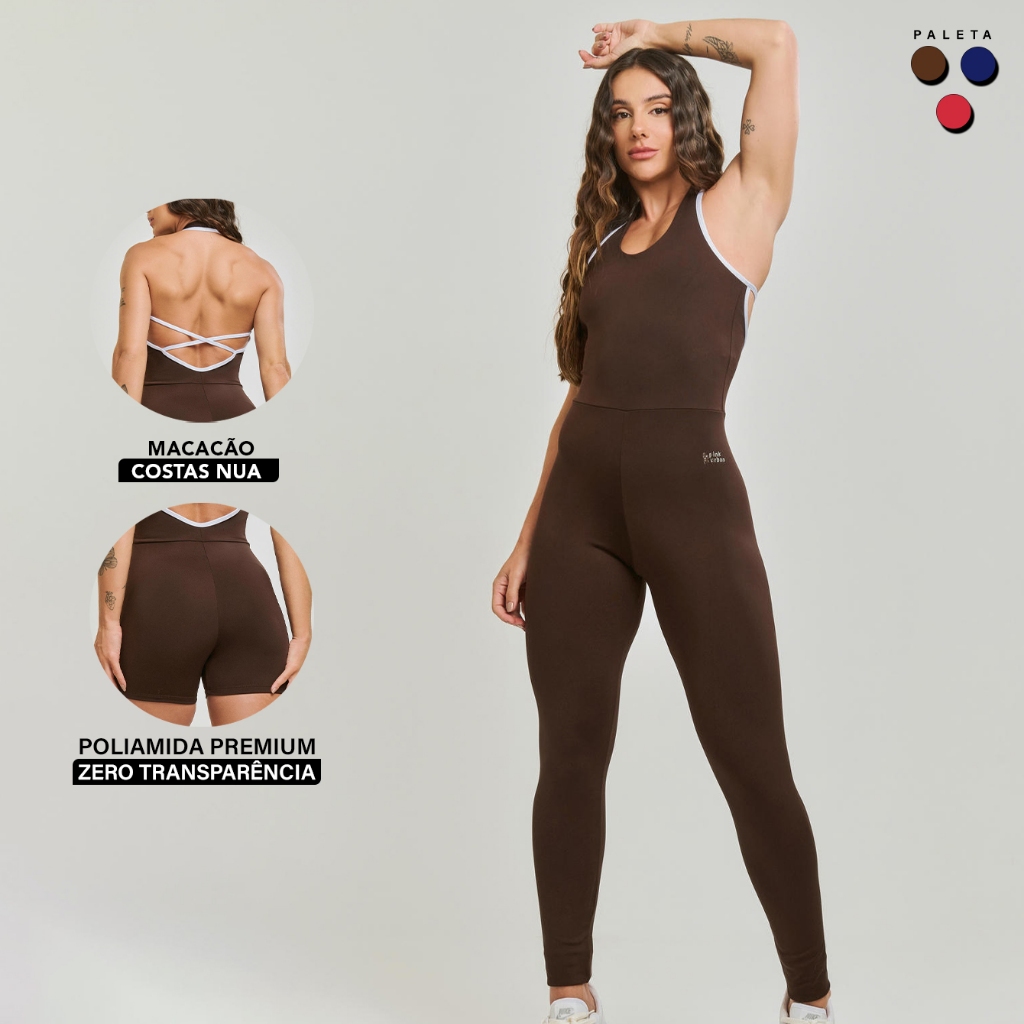 Macacão Poliamida Fitness Pulse Longo Academia Alças Cruzadas Zero Transparência Crossfit Feminino