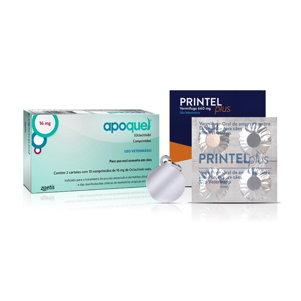 Kit Apoquel 16mg + Vermífugo Printel Plus e Medalha de identificação (PRINTEL PLUS CARTELA)