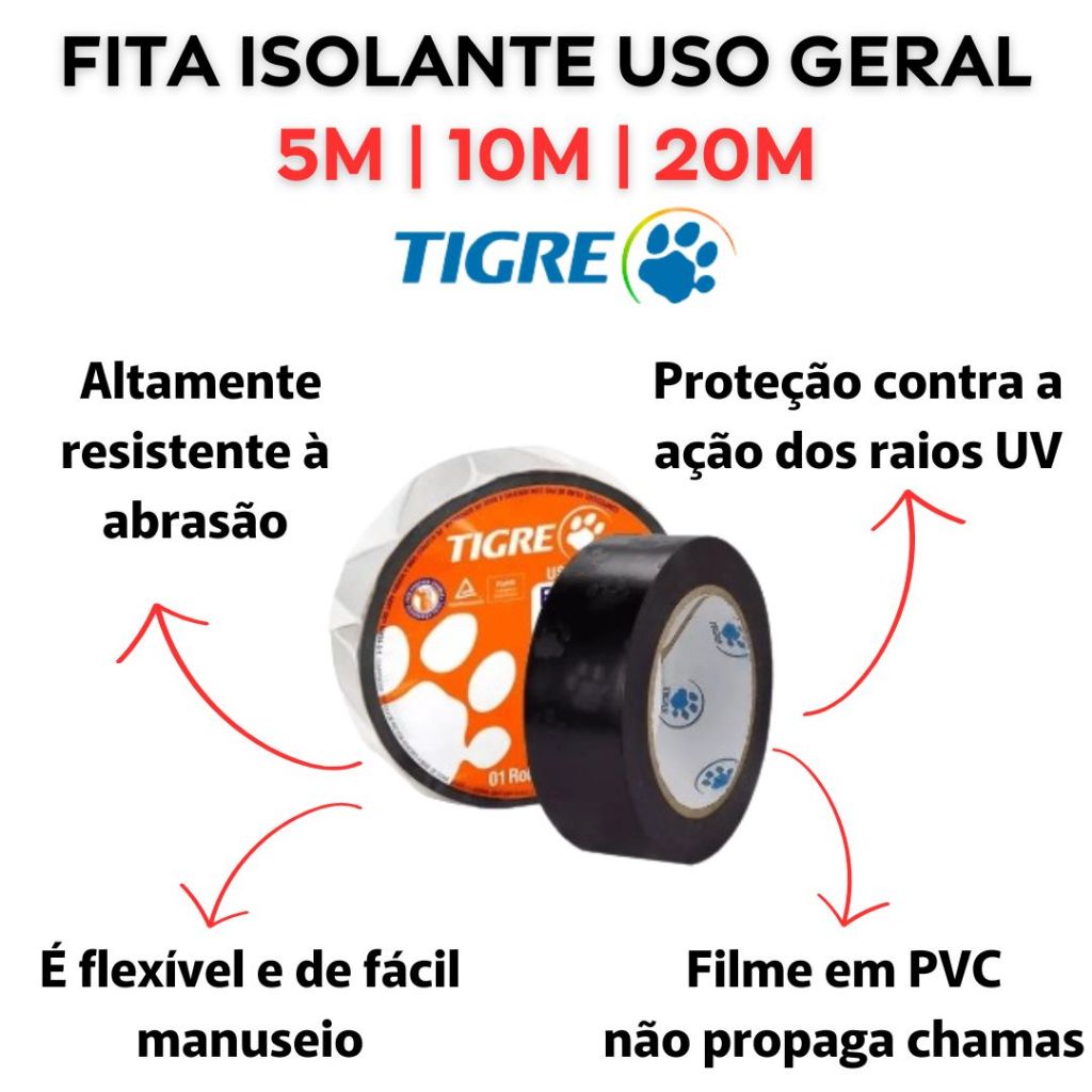 Fita Isolante Preta Anti Chamas Tigre 18mm x 5m, 10m e 20 metros - UNIDADE