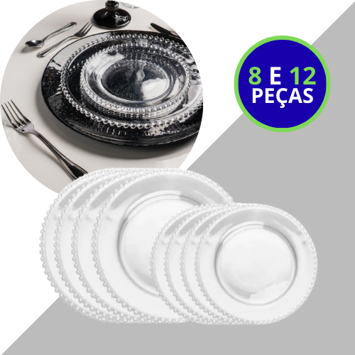 Jogo de Pratos Jantar Almoço Sobremesa Almoço Cristal Lapidado Borda Bolinhas Pearl Wolff
