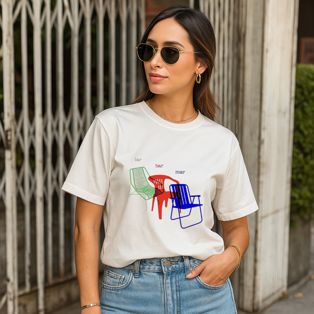 Camiseta Feminina Cadeiras Praia Lar Bar Mar T-Shirt 100% Algodão Premium Tendência Moda Feminina
