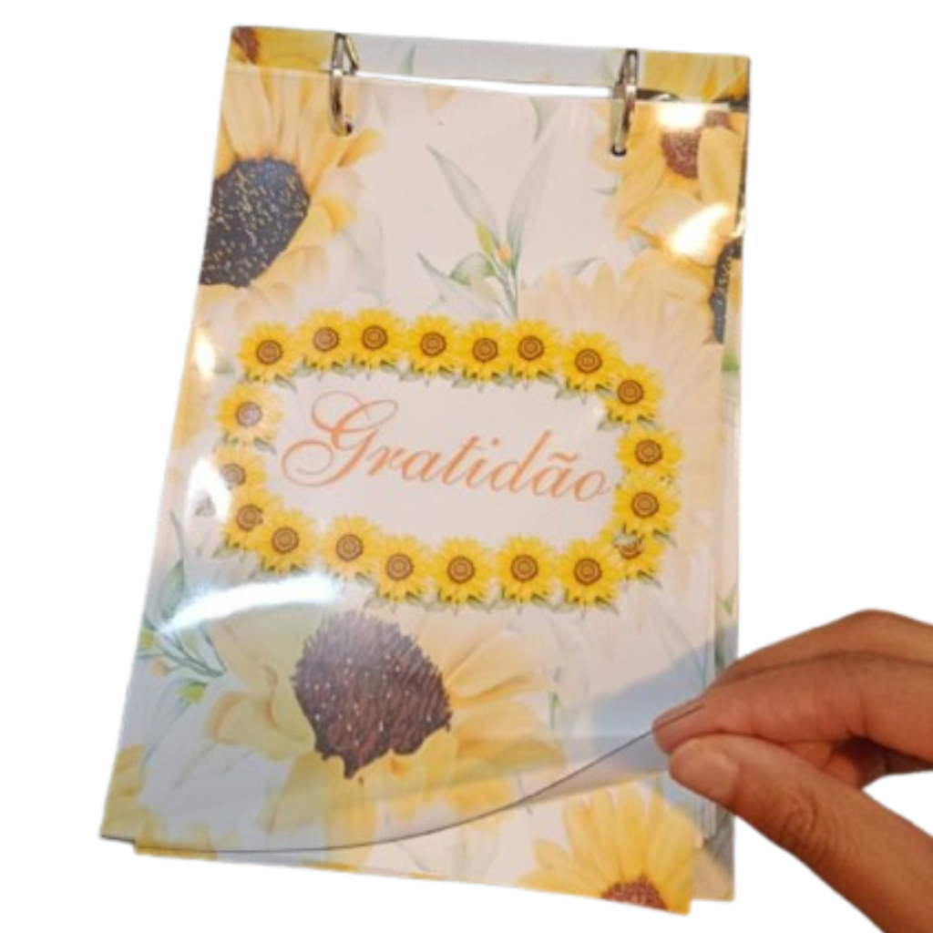 Mini fichário caderno argolado Girassol gratidão capa pvc 2 argolas 80 folhas tamanho A5 vertical