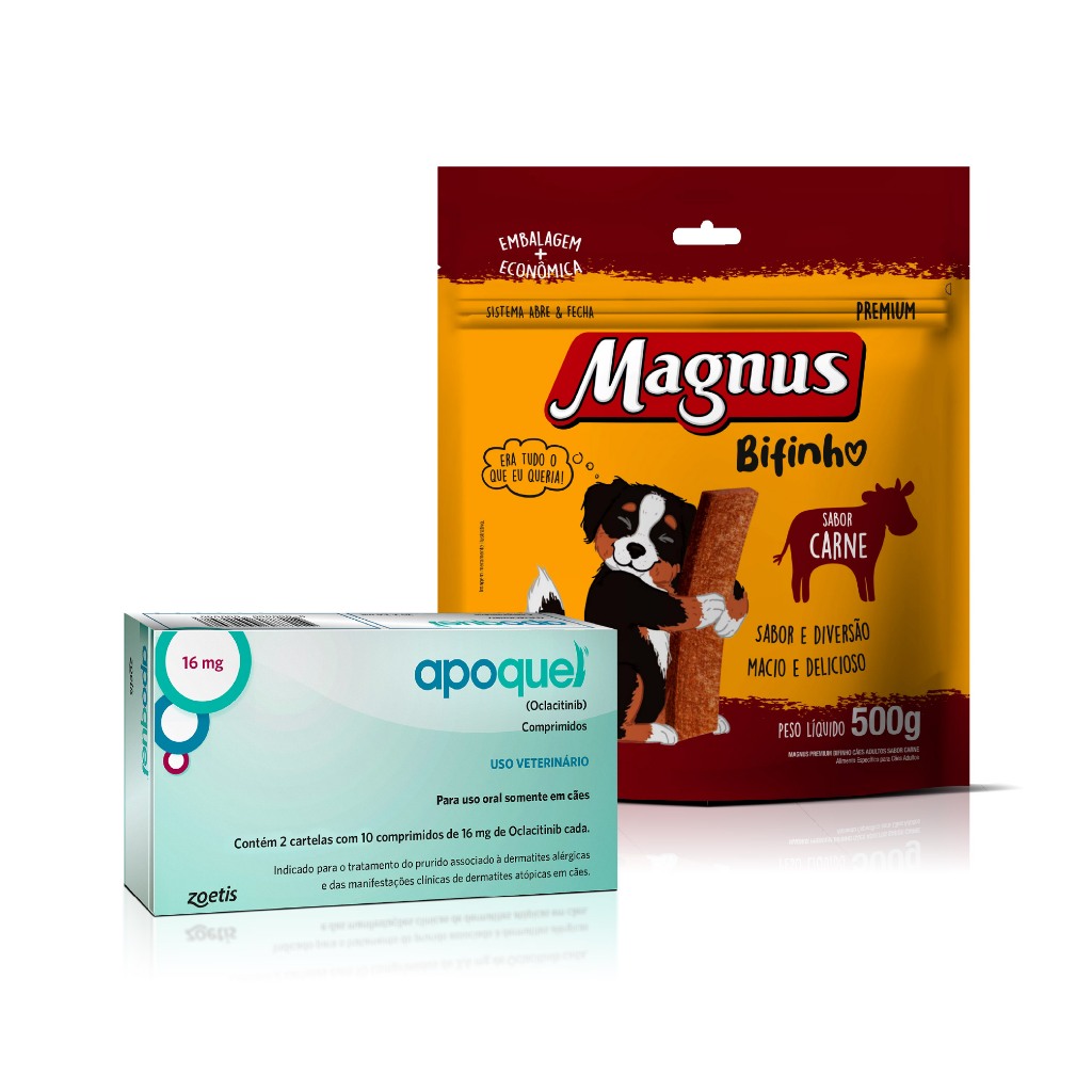 Kit Apoquel 16mg 20 Comprimidos Zoetis + Magnus Bifinhos Sabor Carne 500g