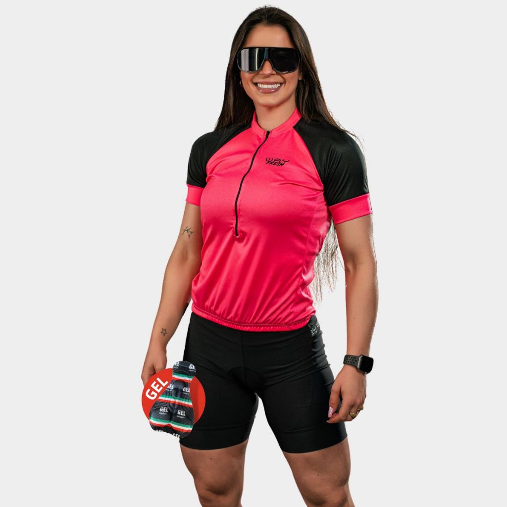 Conjunto Feminino Ciclistas Camisa Bermuda Slim Fresca Short Bermuda Forro Gel Conforto Bike Pedal