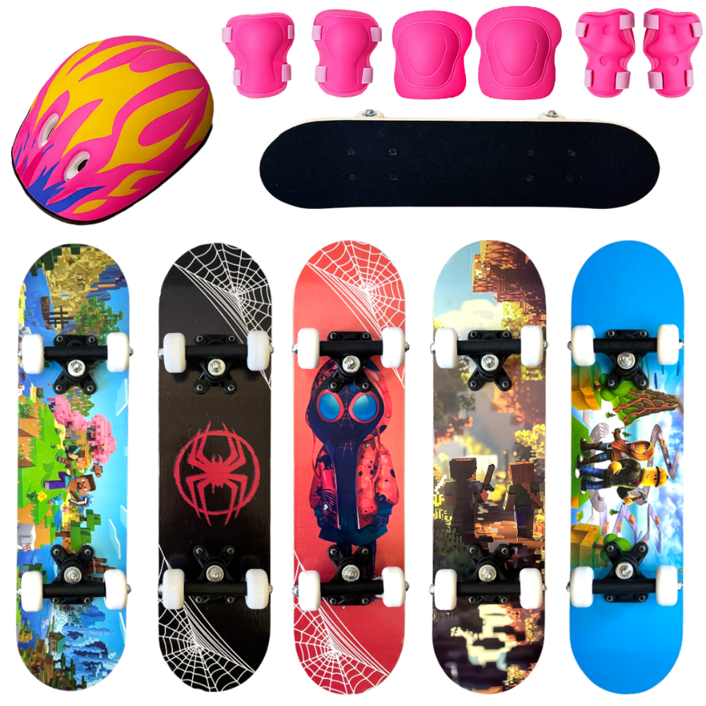 SKATE FEMININO COLORIDO INICIANTE INFANTIL COM LIXA E KIT PROTEÇÃO ROSA MENINA