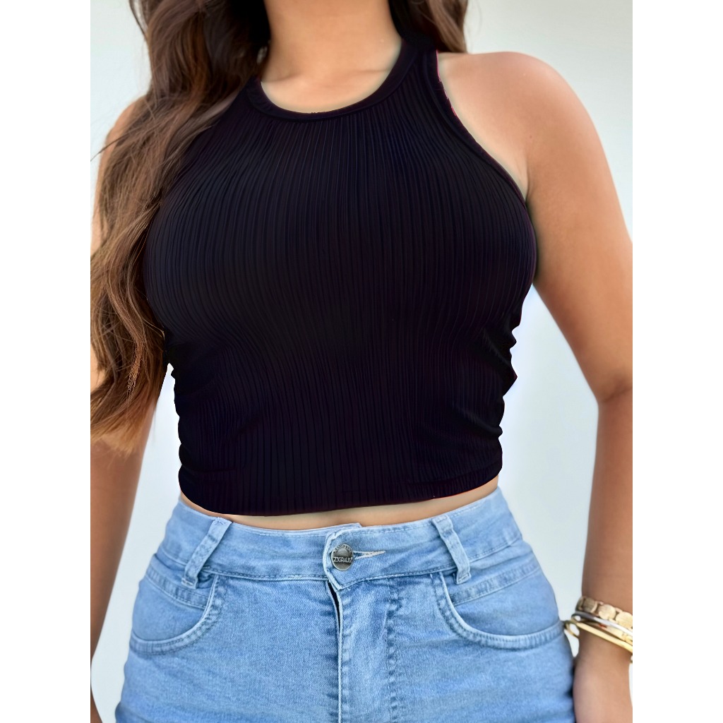 Kit 3 Top Cropped Canelado Confortável Academia Blusa Feminina