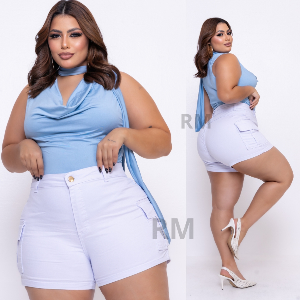 SHORTS JEANS FEMININO CARGO PLUS SIZE COM LYCRA em Oferta na Shopee