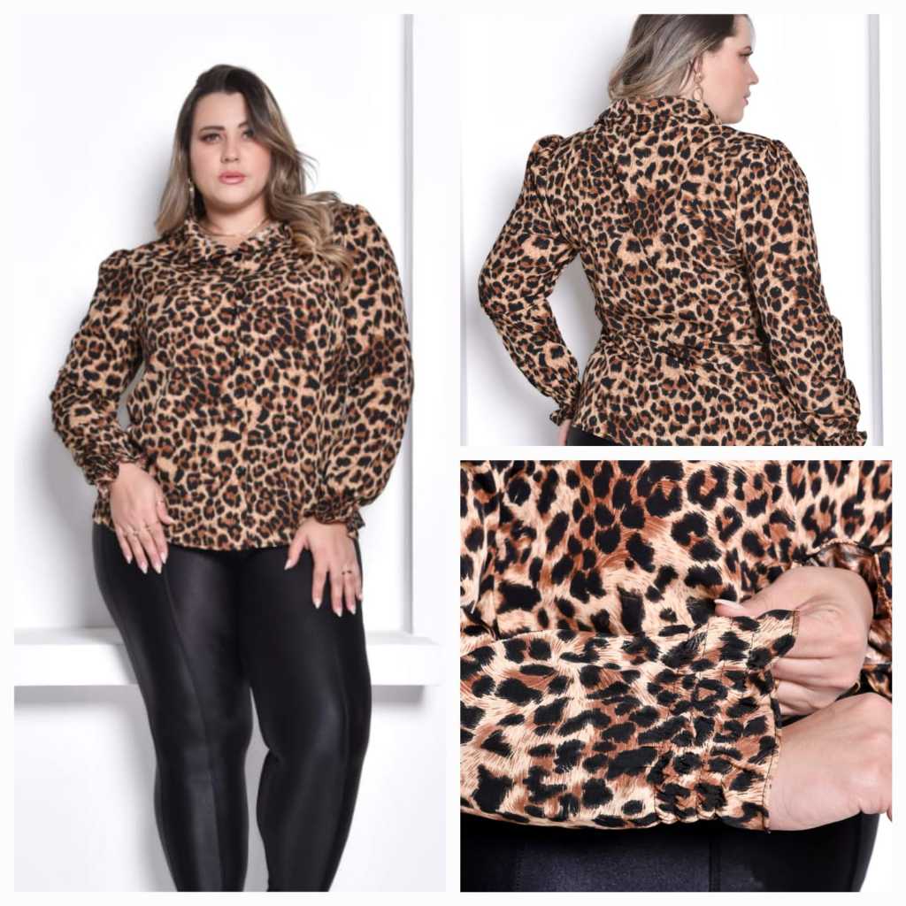 Camisa Feminina Plus Size Manga Longa de Oncinha Animal em Oferta na Shopee