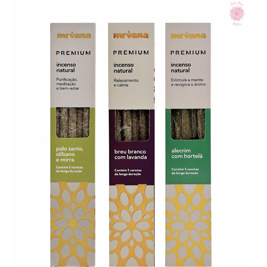 Kit Incenso 3Cx Nirvana Natural Premium Alecrim Hortela Breu Branco Lavanda Palo Santo Olibano Mirra