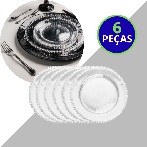 Kit Jogo 6 Pratos Rasos Jantar Almoço 28cm Cristal Lapidado Borda Bolinhas Pearl Wolff