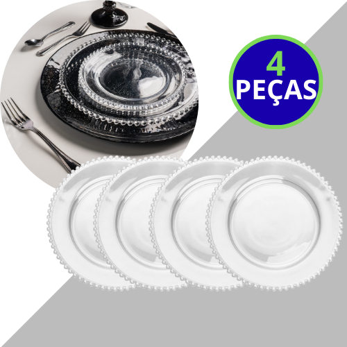 4 Pratos Wolff Pearl De Cristal 28cm Kit Jogo Borda Bolinhas Cristal Pearl Wolff