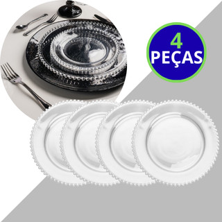 4 Pratos Wolff Pearl De Cristal 28cm Kit Jogo Borda Bolinhas Cristal Pearl Wolff