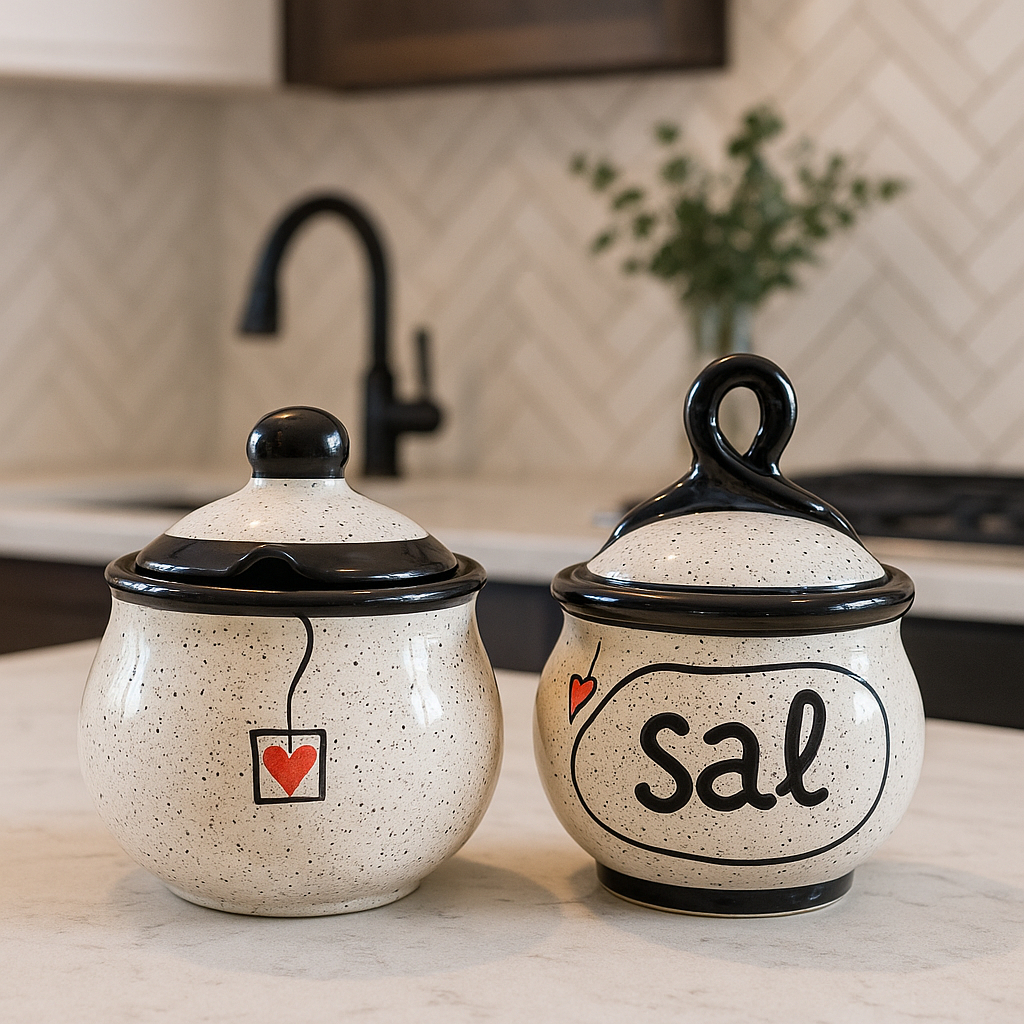 Porta Sal e Açucareiro Retrô Vintage de Cozinha Potes de Cerâmica Decorados com Tampa