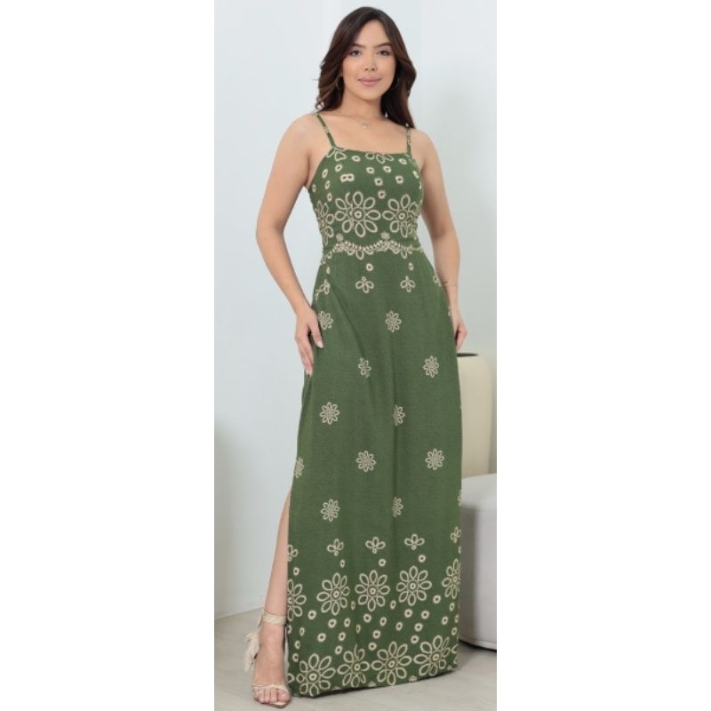 vestido longo con fenda nos laterais tecido viscolinho em Oferta na Shopee