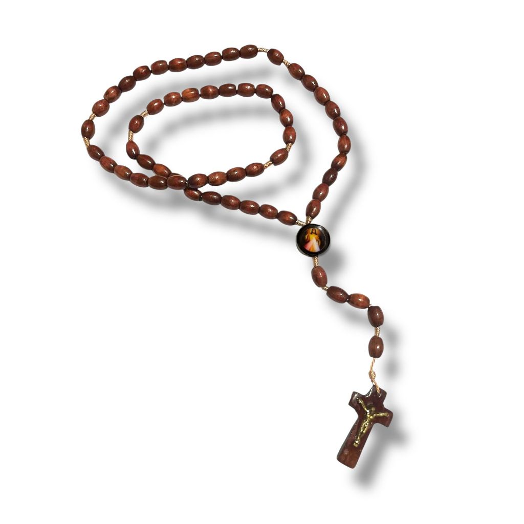 Colar Terço Jesus Misericordioso Para Pescoço Em Madeira 45cm