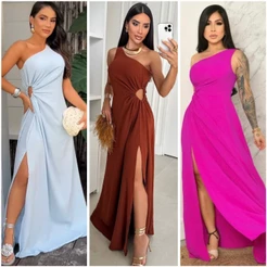 Vestido mula manca de om ombro só em tecido duna com fenda e zipper