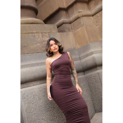 Vestido Longo Feminino Franzido Regata Um ombro só Drapeado Elegante Festa Primavera Verão