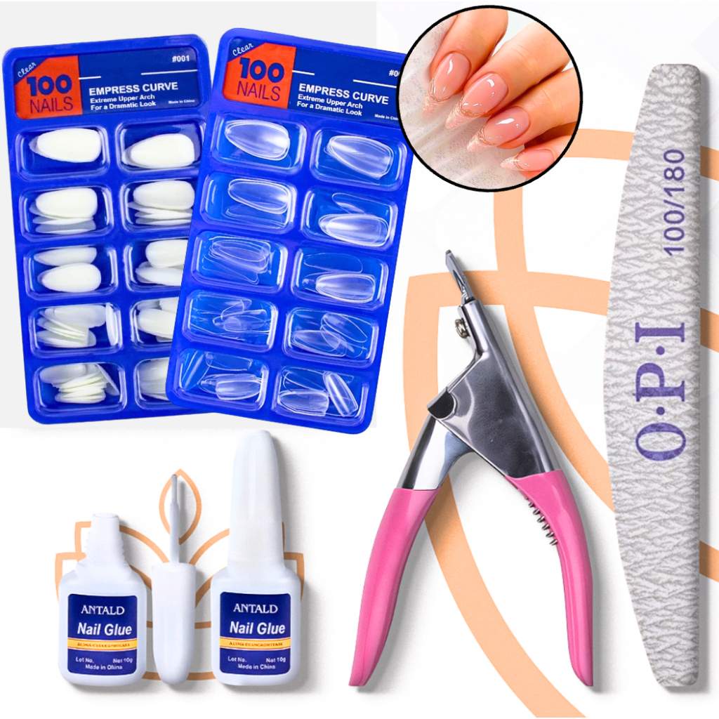 KIT- UNHA POSTICA AMENDOADA REALISTA Leitosa ou Transparente Cola com Pincel Cortador de Tips e lixa em Oferta na Shopee