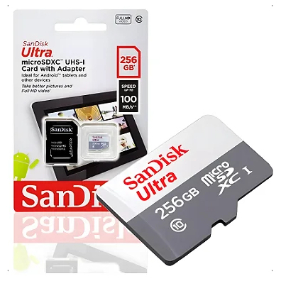 Cartão de Memória SanDisk Micro SD 256GB UHS-I Classe 10 com Adaptador - SDSQUNR-256G-GN6TA