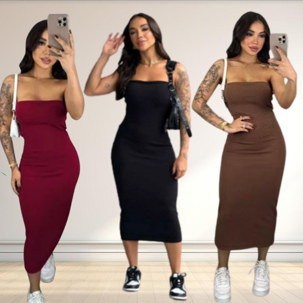 Vestido Midi Tomara que Caia Canelado - Elegância e Conforto em um Único Vestido! TECIDO ANARRUGA!